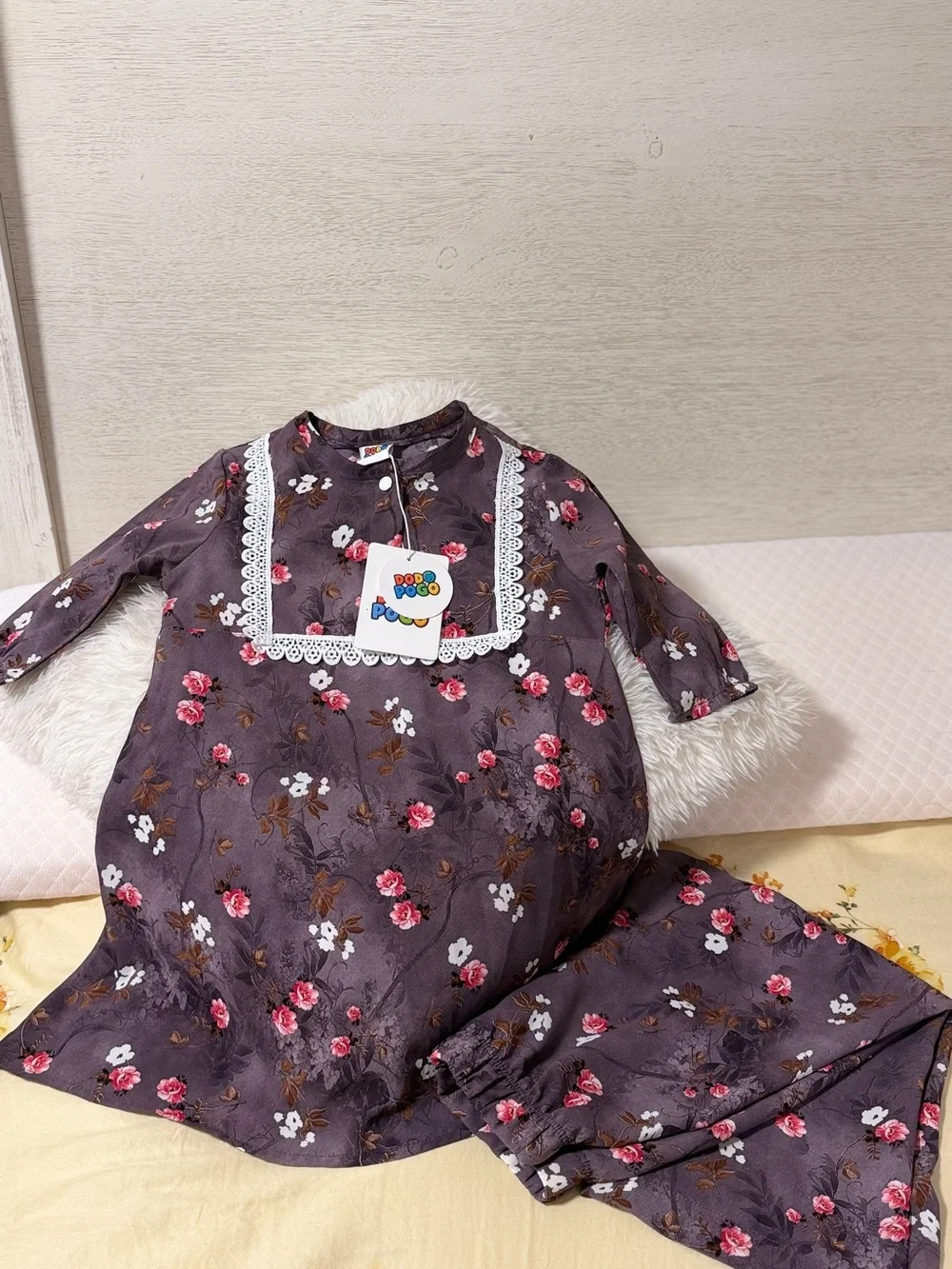 Kids Floral Purple Pajama Set with Lace Trim